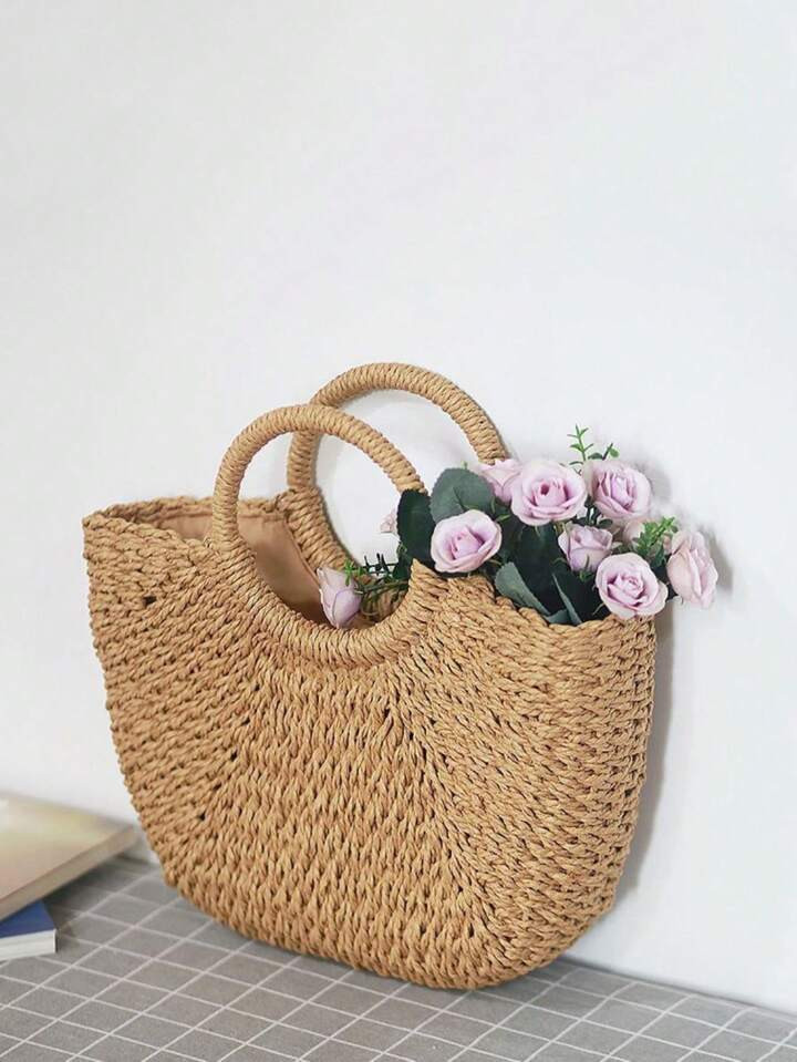 Lightweight Ring Handle Design Straw Bag For Teen Girls Women College Students,Rookies White-Coll... | SHEIN