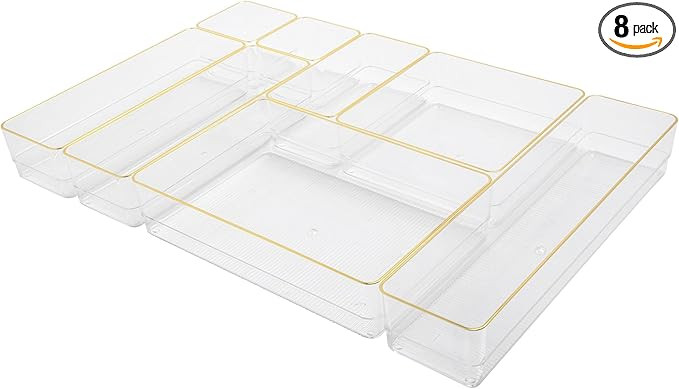 Martha Stewart Kerry Plastic Stackable Office Desk Drawer Organizers, Set of 8, with Gold Trim | Amazon (US)