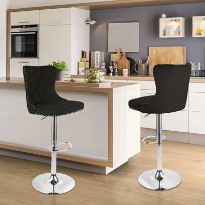 Set Of 2 Velvet Bar Stools, Swivel Counter Height Stools With Nailhead Trim And Button Accents, Adjustable Bar Chairs For Kitchen Island, Pub, Or Club | Wayfair North America