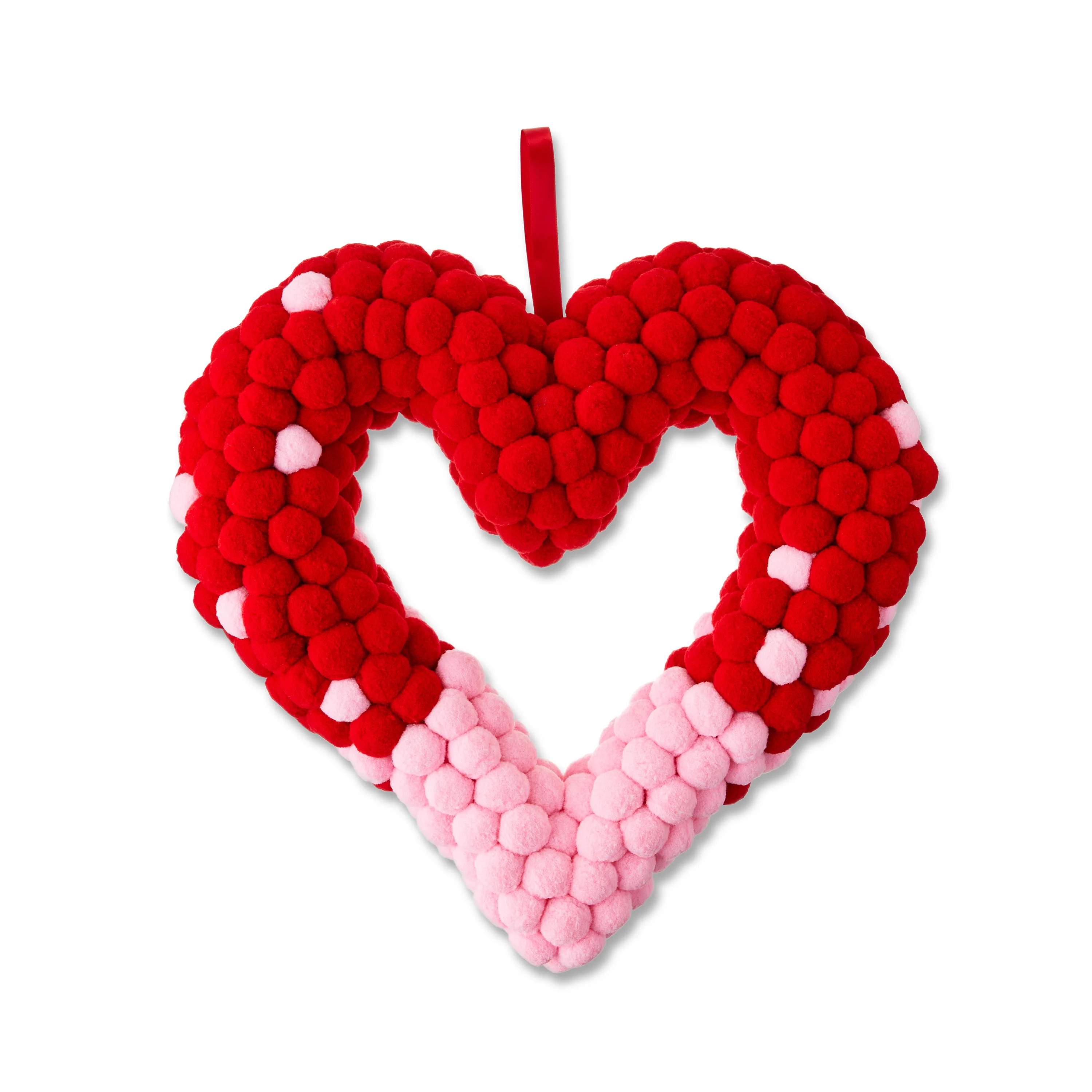 Valentine's Day Red and Pink Pompom Heart Wreath, 19 in, by Way To Celebrate - Walmart.com | Walmart (US)