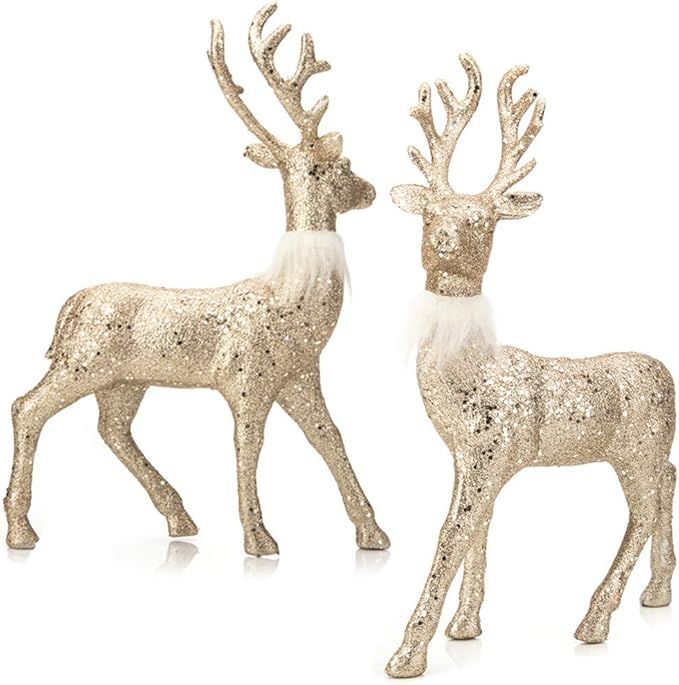 SANNO Reindeer Decorations Christmas Deer Decor Set of 2 Holiday Reindeer Figurines Standing Cham... | Amazon (US)