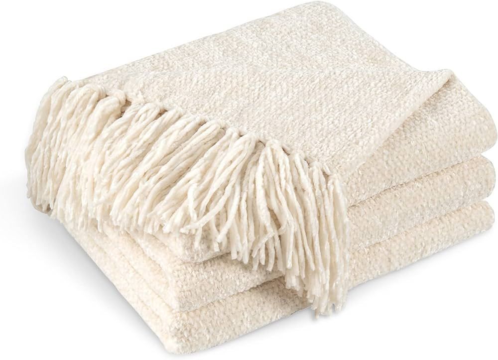 CozeCube Chenille Throw Blanket for Couch, Cozy Soft Throw Blanket with Fringe Tassel, Cream Whit... | Amazon (US)