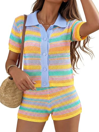 Tankaneo Womens 2 Piece Sweater Shorts Sets Knit Color Block Summer Outfits Short Sleeve Tops Cover Up Cute Matching Set | Amazon (US)