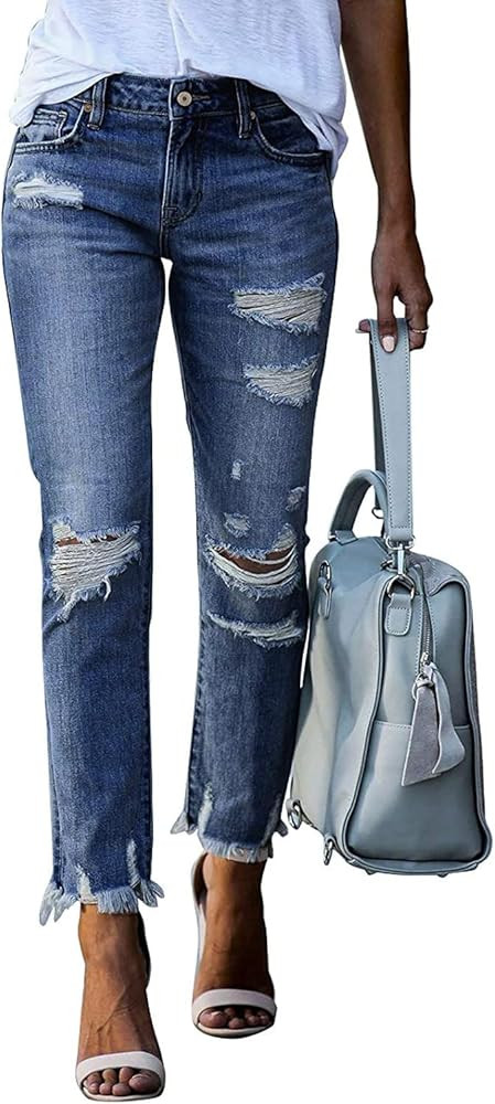 MINGALONDON Womens Ripped Boyfriend Jeans Mid Waisted Distressed Stretchy Denim Pants | Amazon (US)