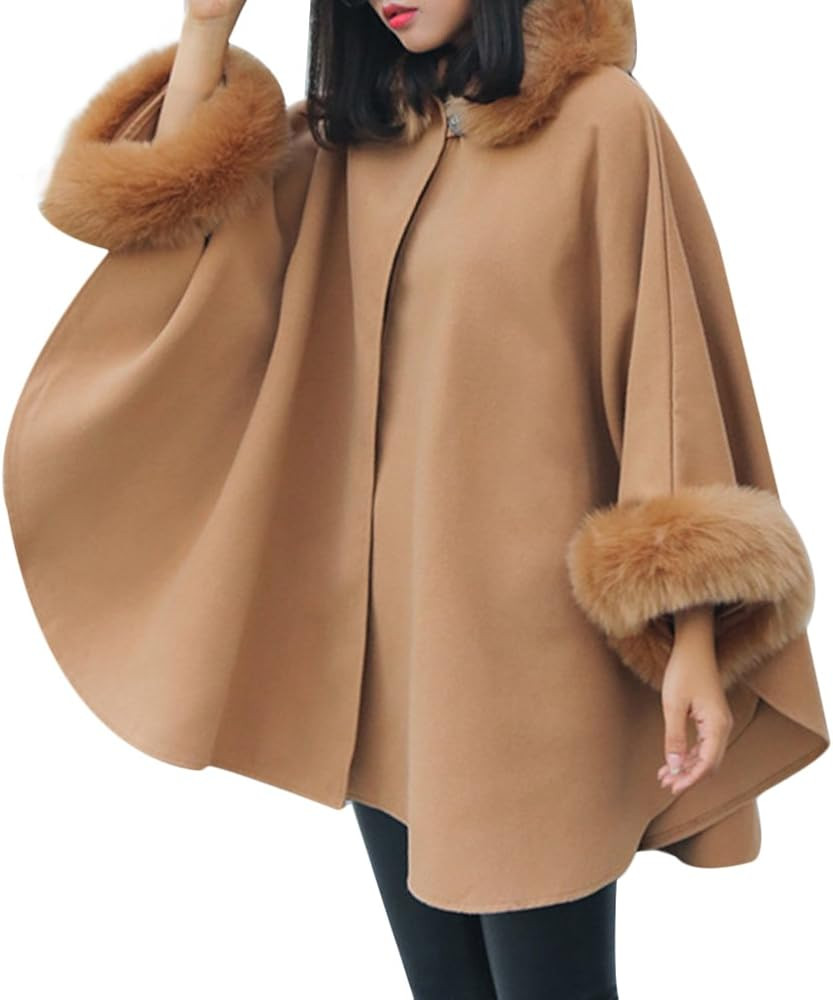 CHICFOR Womens Winter Batwing Long Sleeve Poncho Jacket Elegant Faux Fur Collar Cloak Coat | Amazon (US)