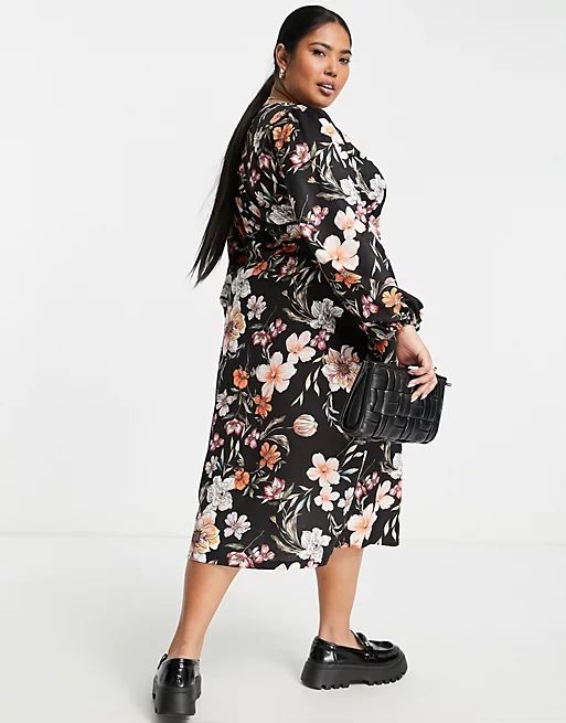 River Island Plus floral wrap midi dress in black | ASOS (Global)