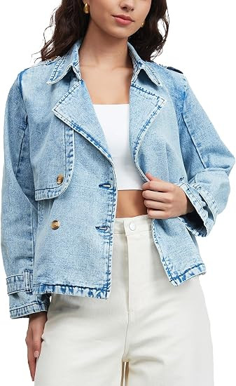 EZAPINE Denim Jacket for Women Lapel Double Breasted Oversized Jean Jacket Fall Casual Trendy Tre... | Amazon (US)
