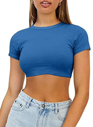 Haochic Womens Blue Crop Tops Summer T-Shirt Basic Short Sleeve Fitted Ribbed Casual Double Lined Cute Top Shirt XS | Amazon (US)