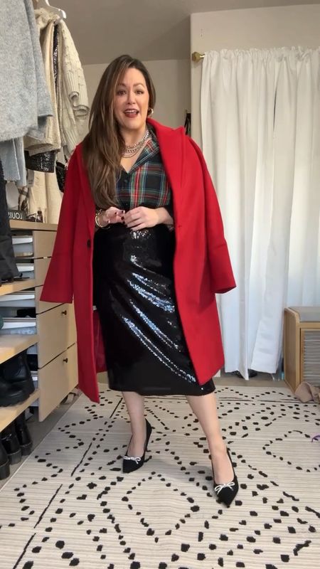 Midsize holiday outfit inspo almost all of this look is on sale. 
Wearing an Xl in this plaid button down
Xl in the sequin skirt
Bow amazon heels are tts 
My red coat is a Black Friday deal xl 


#LTKHoliday #LTKcurves #LTKCyberweek