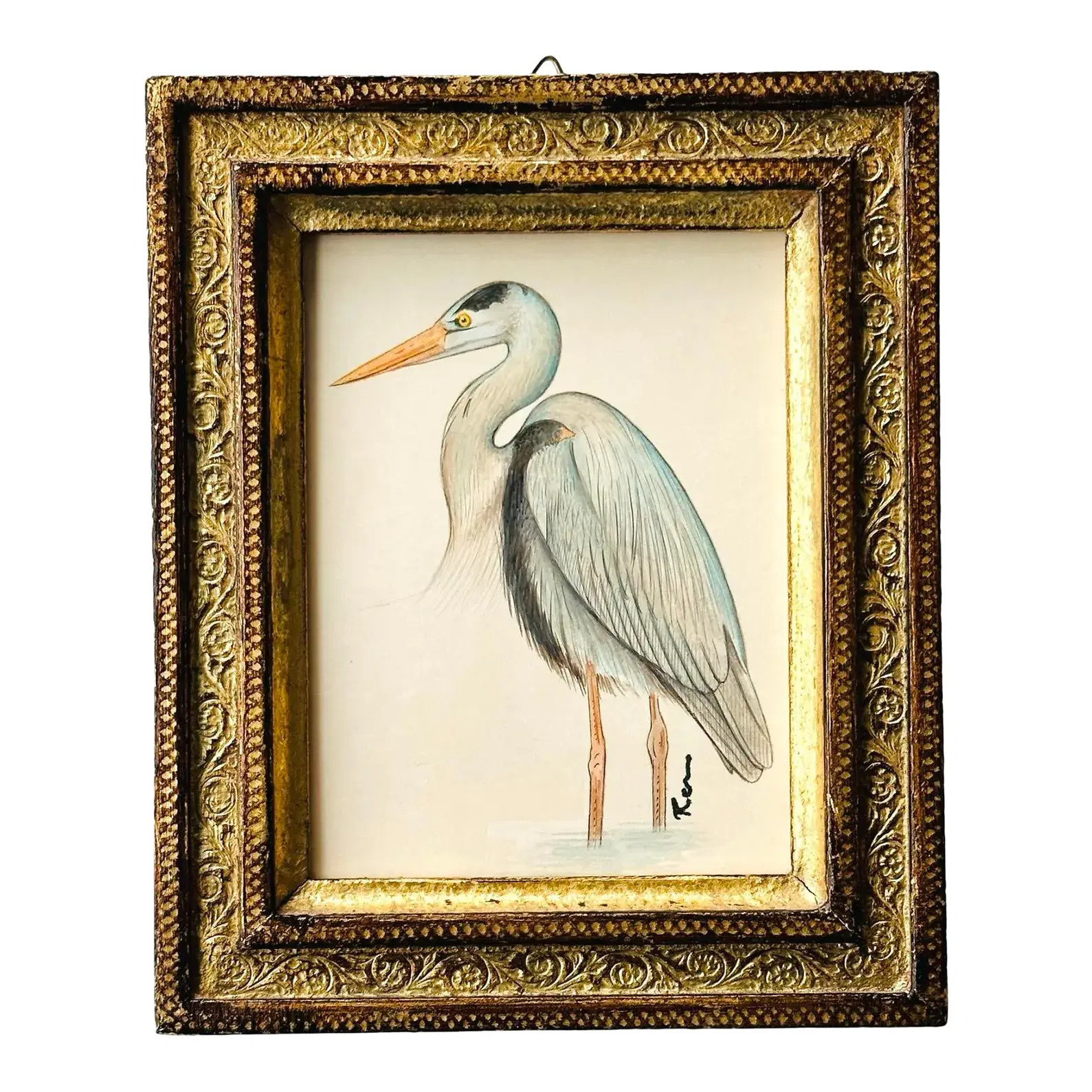 Hand-Painted White Heron Painting. Framed | Chairish