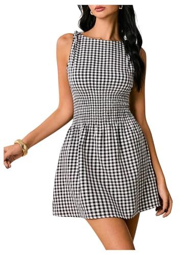 Floerns Women's Tie Shoulder A Line Gingham Dress Boat Neck Mini Checkered Elegant Dresses | Amazon (US)