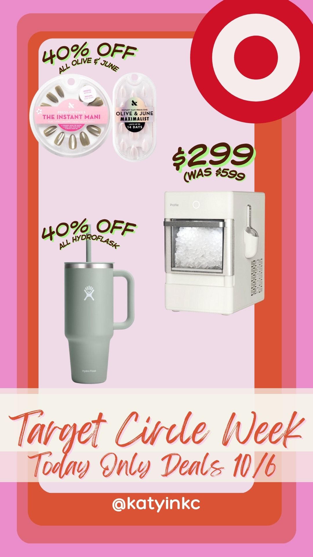 ⏰ TODAY ONLY DEALS — OCT 6 ⏰

💅 Olive & June nail sets + products → 40% OFF (I swear by these! My last set lasted 21 days+ before I finally had to soak them off 🙌 never going back to the salon)
🧊 GE Ice Nugget Maker → $299 (was $599 🤯)
💧 HydroFlask → 40% OFF all products (perfect timing for fall + holiday gifts!)

These are TODAY ONLY steals for Target Circle Week → don’t wait because prices reset after midnight. Tap to shop & snag them now 🔗#TargetCircleWeek #TargetDeals #TargetFinds #TargetSale #TodayOnly #TargetObsessed #TargetRun #SaleAlert #DealHunters #FallDeals #TargetStyle #BudgetFriendly #HomeDeals #TargetShopping #Hydroflask #NailTok #IceMaker 

 #LTKSeasonal #LTKHome #LTKSaleAlert