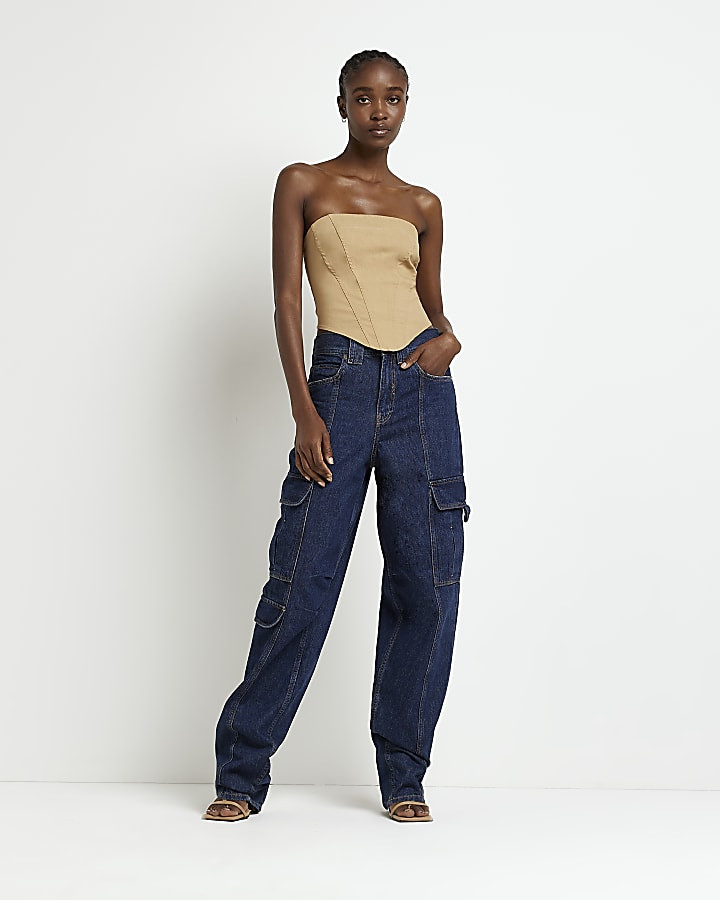 Blue mid rise pocketed cargo jeans | River Island (UK & IE)