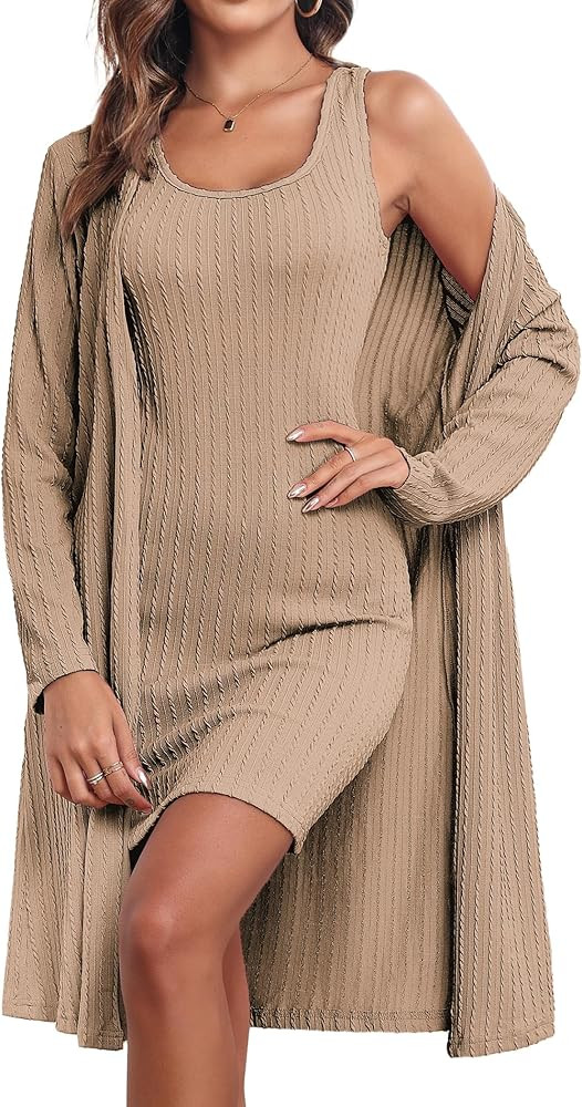 Ekouaer Robe Sets for Women Sleepwear Rib Knit Bodycon Nightgown with Robes Set 2 Piece Soft Ligh... | Amazon (US)