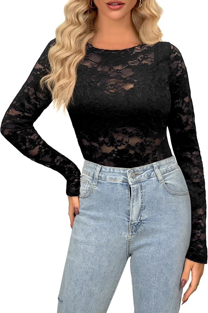 hellobaby Womens Lace Floral Tops Long Sleeve Mesh Round Neck Sexy See Through Shirts Floral Blou... | Amazon (CA)