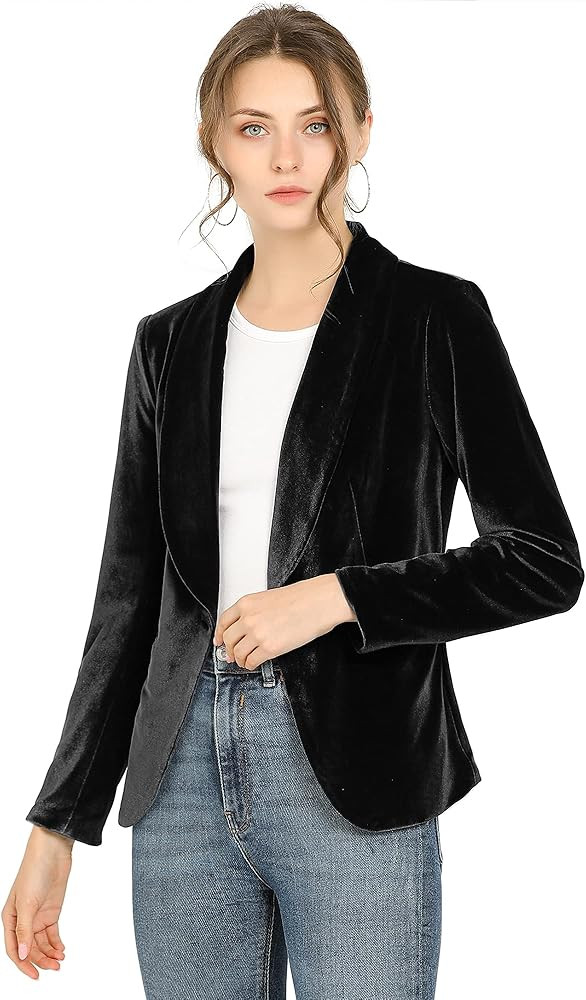 Allegra K Women's Office Coat Solid Shawl Collar 1 Button Velvet Blazer | Amazon (US)