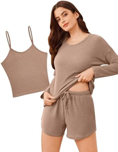 Ekouaer Womens Waffle Knit Pajama Lounge Set Long Sleeve Shorts Sleep & Lounge Wear Cozy Relaxed ... | Amazon (US)