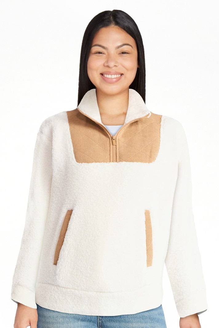 Time and Tru Women's Plush Fleece Quarter Zip Jacket with Corduroy Trim, Casual Thanksgiving Outfit | Walmart (US)
