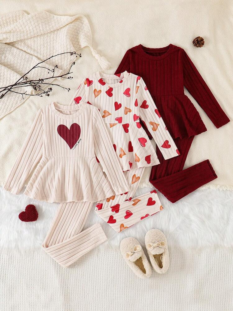 6pcs/Set Young Girls Heart Print Solid Color Patchwork Long Sleeve Crew Neck Top + Slim Fit Fleec... | SHEIN