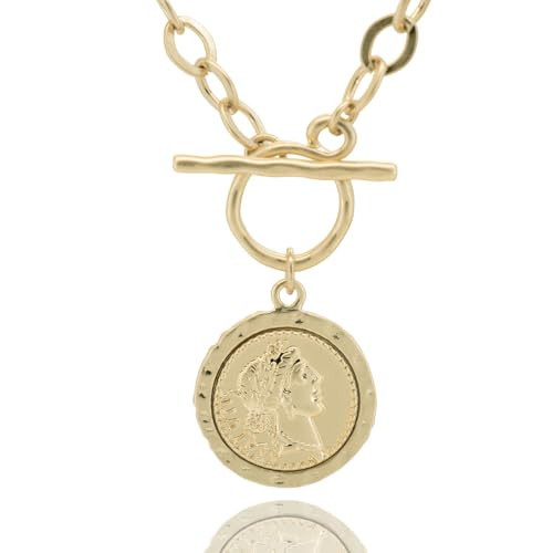 Husykam Women's Chunky Coin Necklace, 18K Gold Plated, 18-Inch Toggle Chain | Amazon (US)