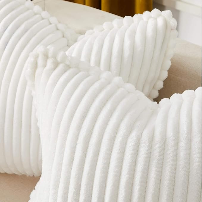 BULBUL Decorative Throw Pillow Covers 18x18,White Ivory Stripe Plush Couch Pillow Covers,Soft Cus... | Amazon (US)