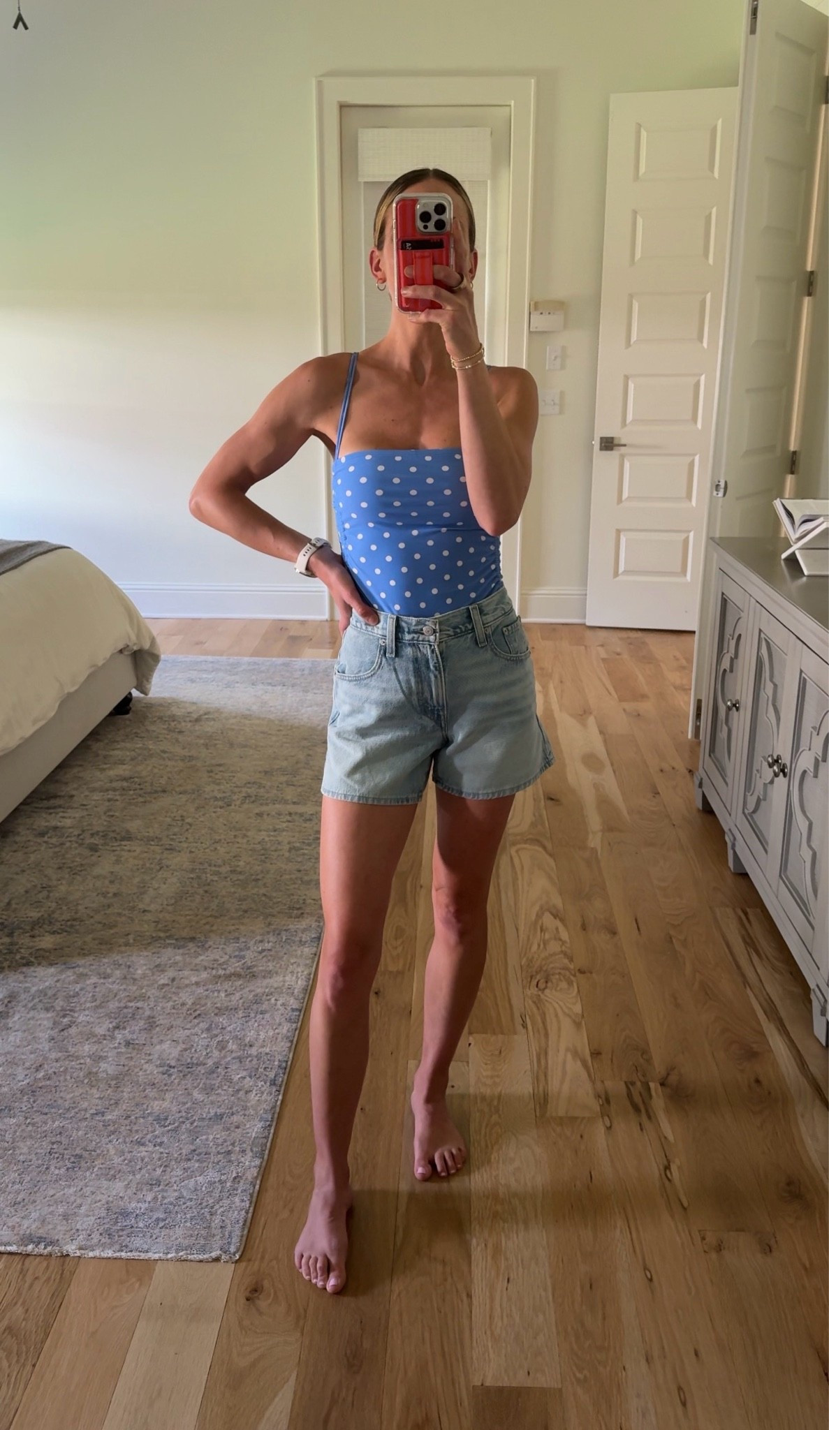 Wearing size small in polka dot one piece and 25 in denim shorts - they have an adjustable waist with snap buttons !! Both on sale for Memorial Day weekend

#LTKootd #LTKmomlife #LTKdayinmylife