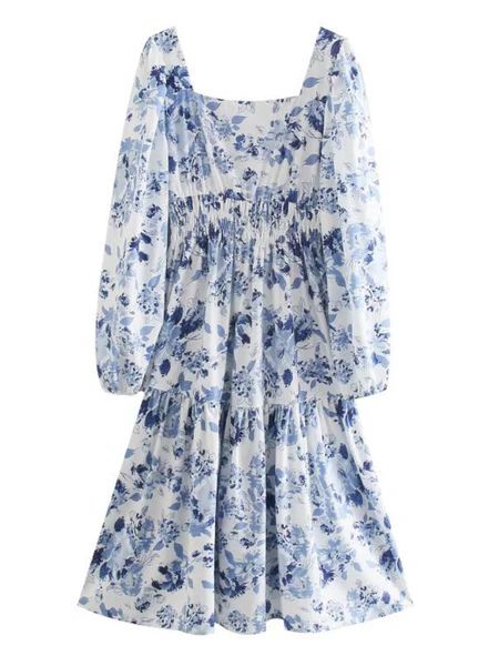 'Emily' Square Neck Blue & White Floral Midi Dress | Goodnight Macaroon