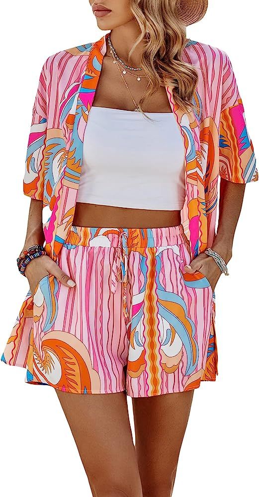 MakeMeChic Women's Plus Size Boho Summer 2 Piece Outfits Tropical 3/4 Sleeve Kimono Cardigan Shir... | Amazon (US)