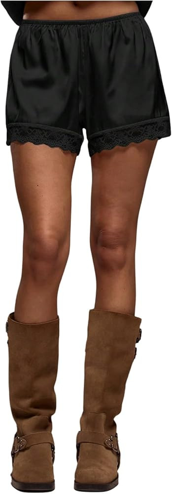 Women's Lace Trim Satin Shorts Shiny Elastic Waist Mini Shorts French Knickers | Amazon (US)