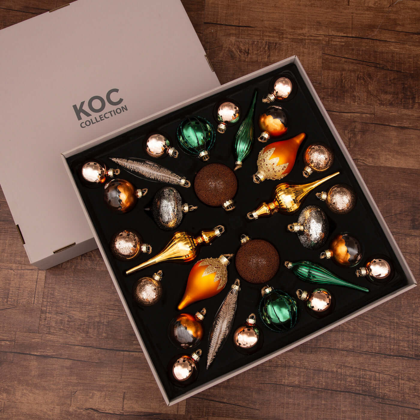 Natural 30-Piece Glass Ornament Set (Burnt-Orange, Green) Limited Edit | King of Christmas