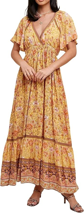 R.Vivimos Women's Summer V Neck Maxi Dress Boho Floral Print Short Sleeve Elastic Waist Ruffle Pa... | Amazon (US)