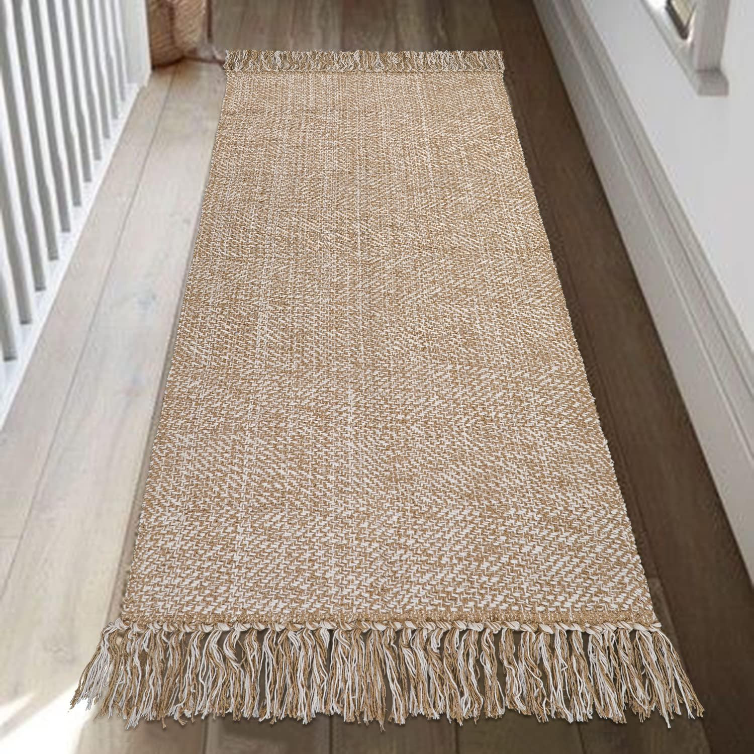 Collive Kitchen Runner Rug, 2' x 4.3' Hand-Woven Reversible Washable Rug, Tan Cotton Modern Farmh... | Amazon (US)