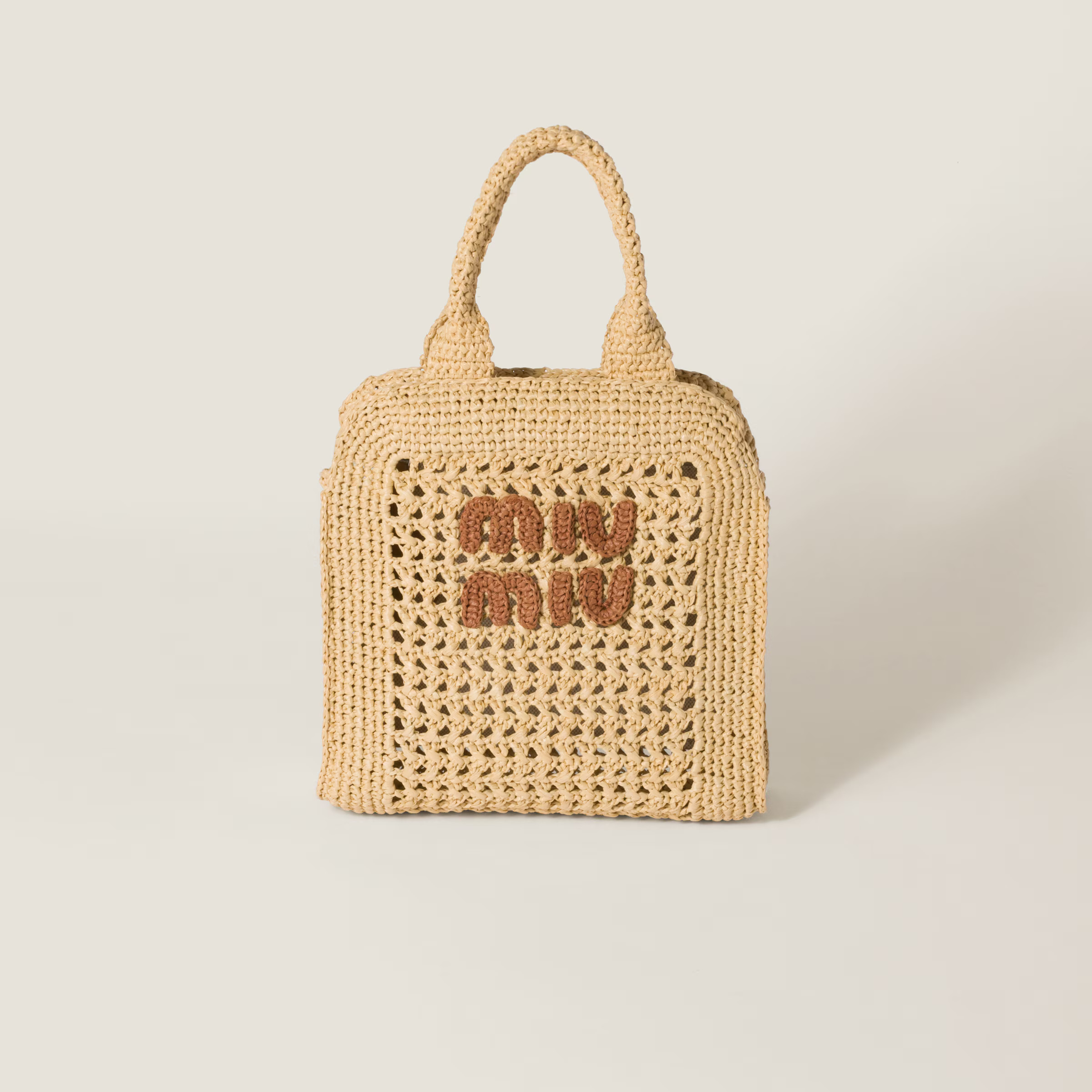 Beige/cognac Raffia-effect Woven Tote Bag | Miu Miu | Miu Miu US