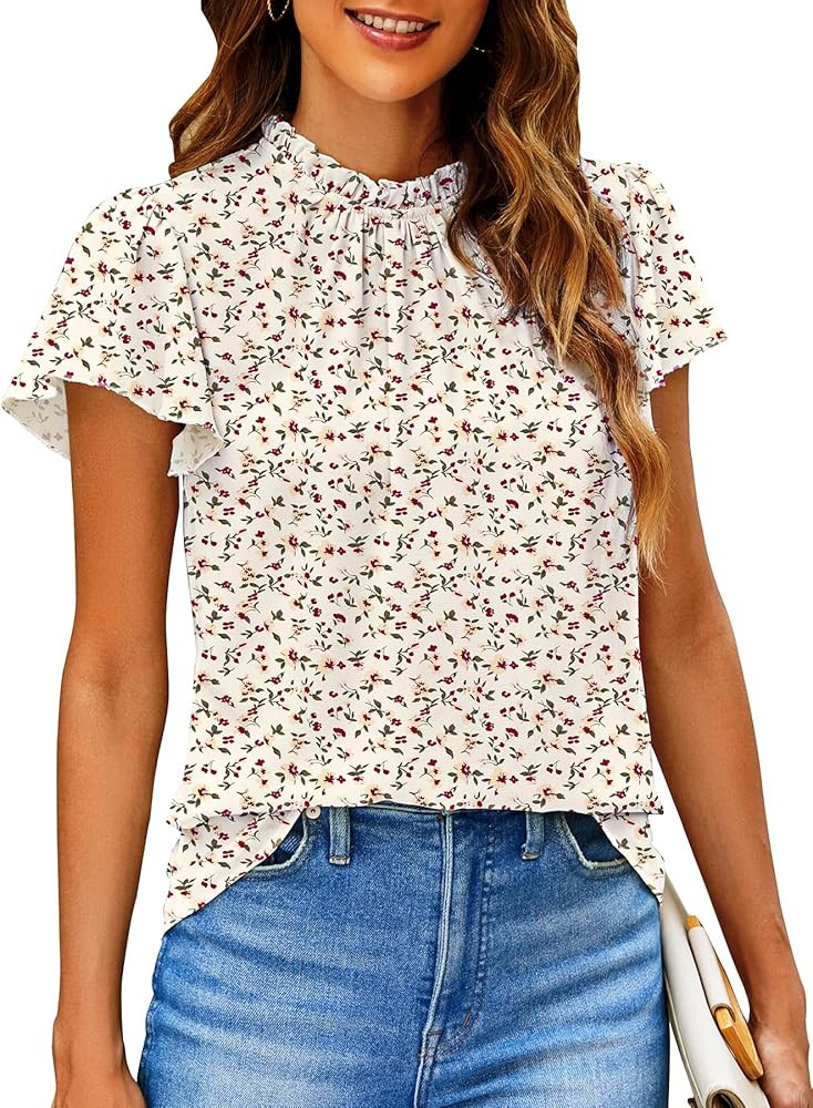 SimpleFun Women Boho Shirts Floral Ruffle Short Sleeve Mock Neck Flowy Casual Summer Blouses Tops | Amazon (US)
