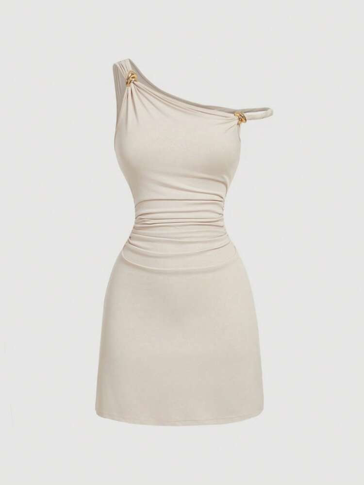 SHEIN MOD Fitted Ruched Metal Buckle Apricot Color Dress,Spring/Summer Dresses For Women,Boho,Beach,Western,Vacation,Casual,Party,Tea Party Dress,Vintage Dress,Tea Party Dress,Going Out Dress,One Shoulder Dress
 | SHEIN