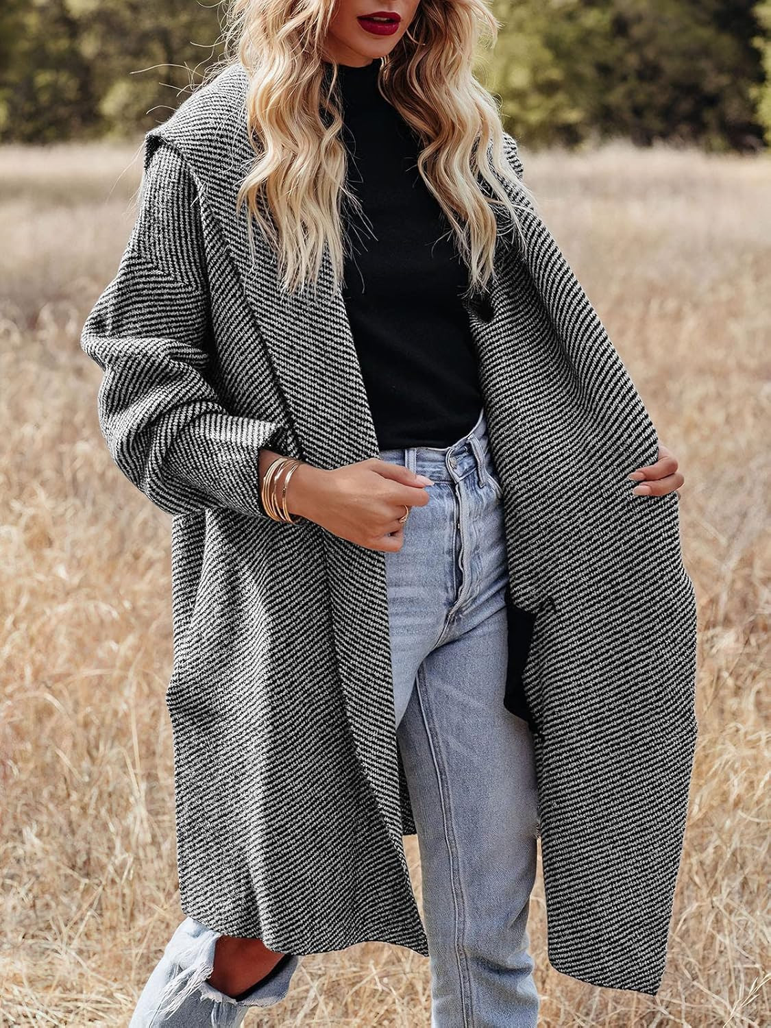 ANRABESS Women‘s Casual Long Sleeve Open Front Hooded Cardigan Sweater Oversized Striped Knitte... | Amazon (US)