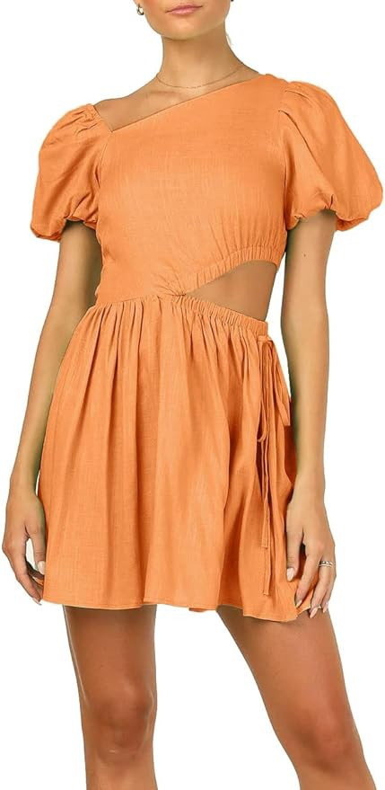 AEL Women's Square Neck Cut Out Mini Dress Short Puff Sleeve Summer Casual Solid Swing Flared Sun... | Amazon (US)