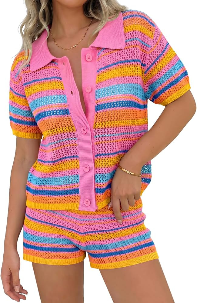 Tankaneo Womens 2 Piece Sweater Shorts Sets Knit Color Block Summer Outfits Short Sleeve Tops Cov... | Amazon (US)