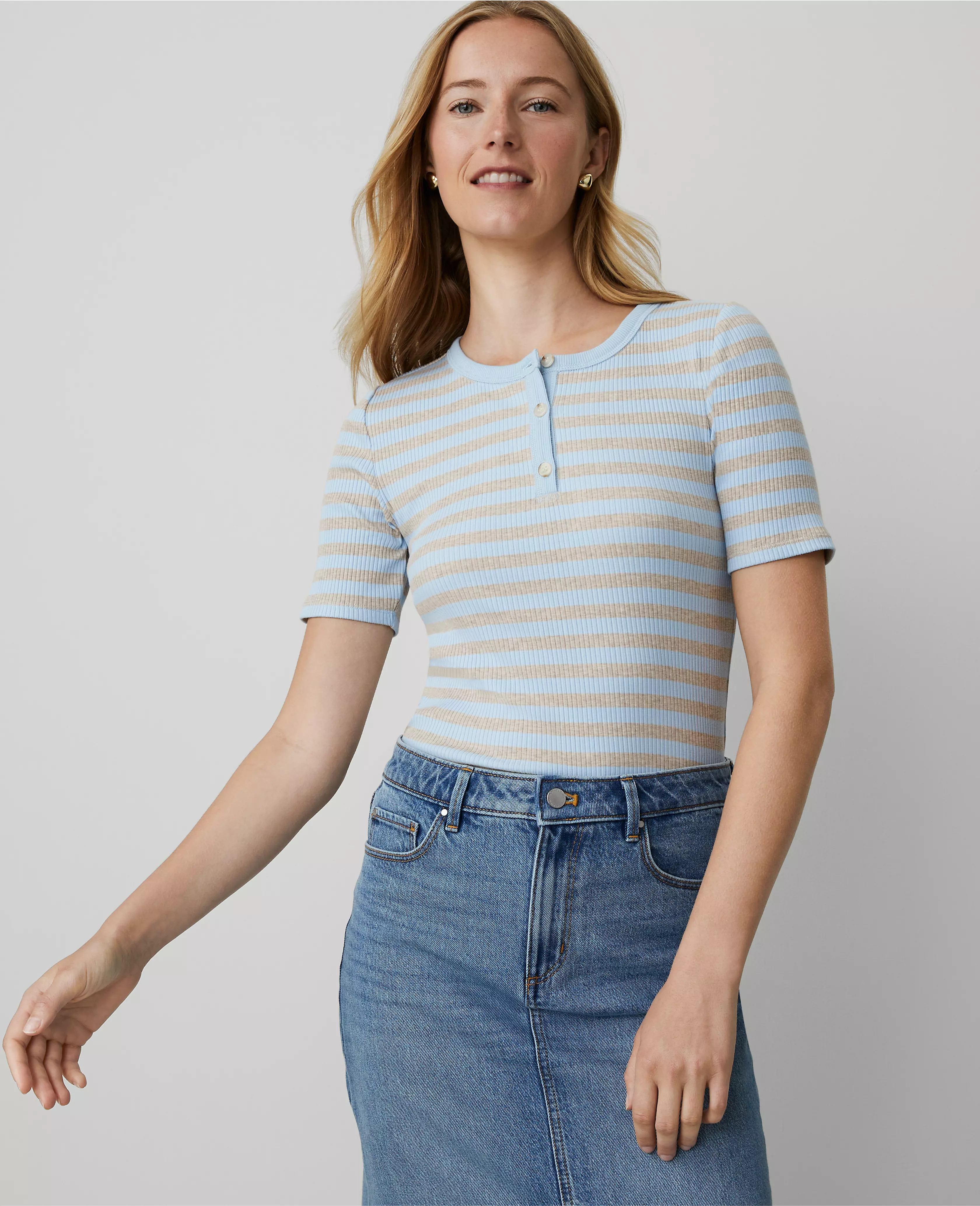 Striped Ribbed Henley Top | Ann Taylor