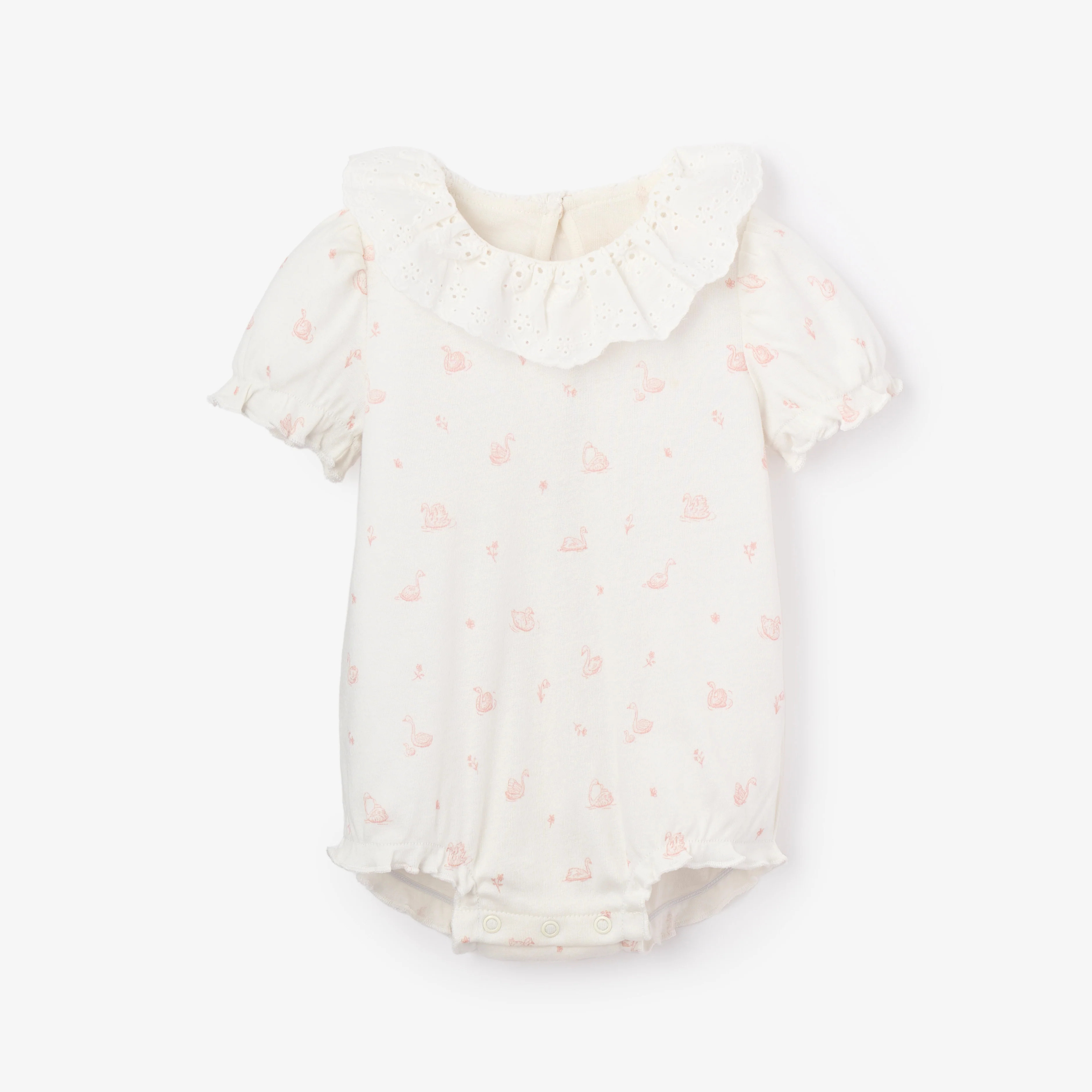Pink Swan Print Organic Cotton Rib Baby Bubble Romper | Elegant Baby
