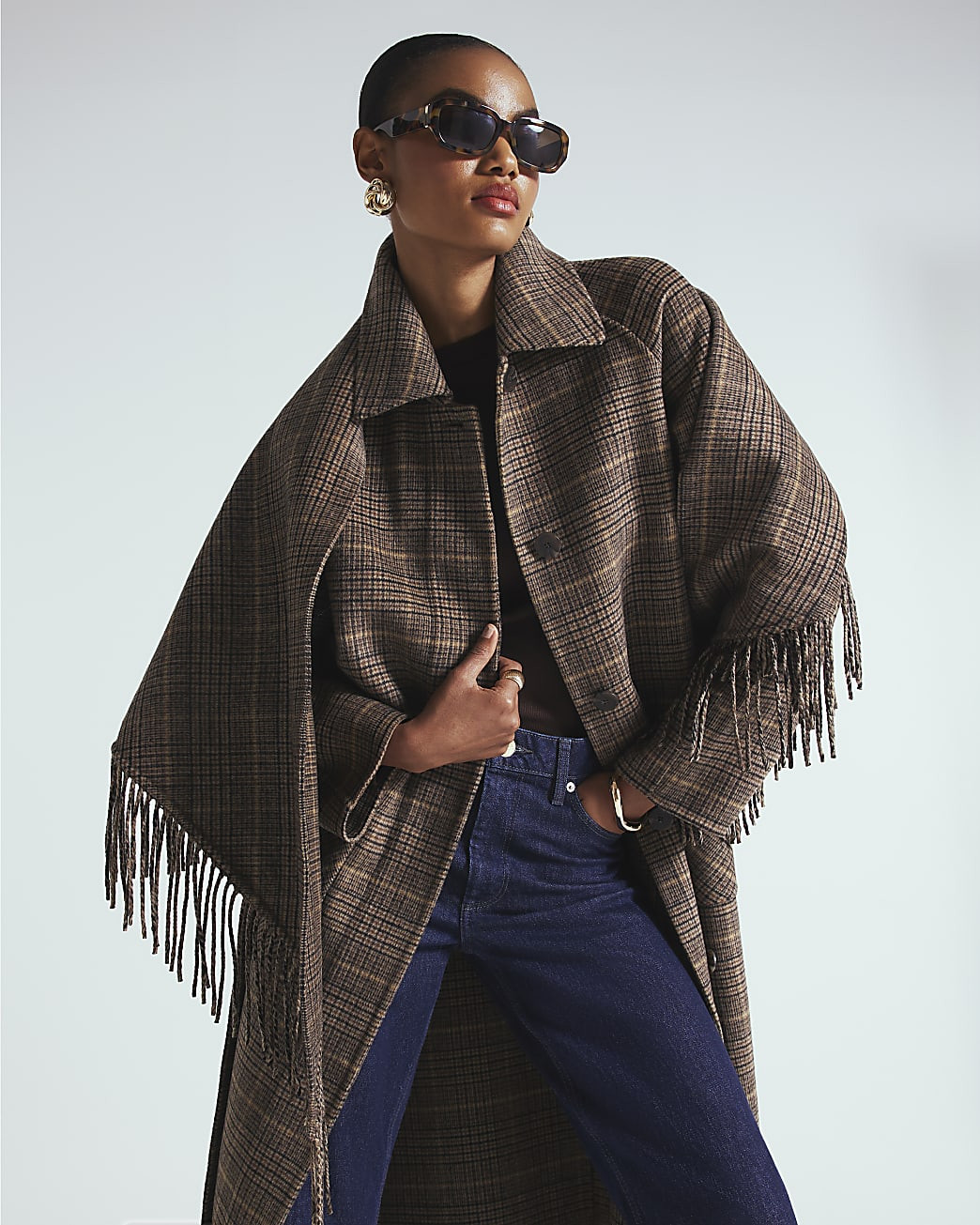 Brown Wool Blend Check Scarf And Trench Coat | River Island UK & IE
