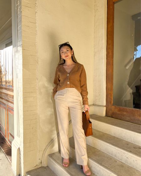 Brown cardigan, beige trouser pants, fall look

#LTKfindsunder100 #LTKSeasonal #LTKworkwear