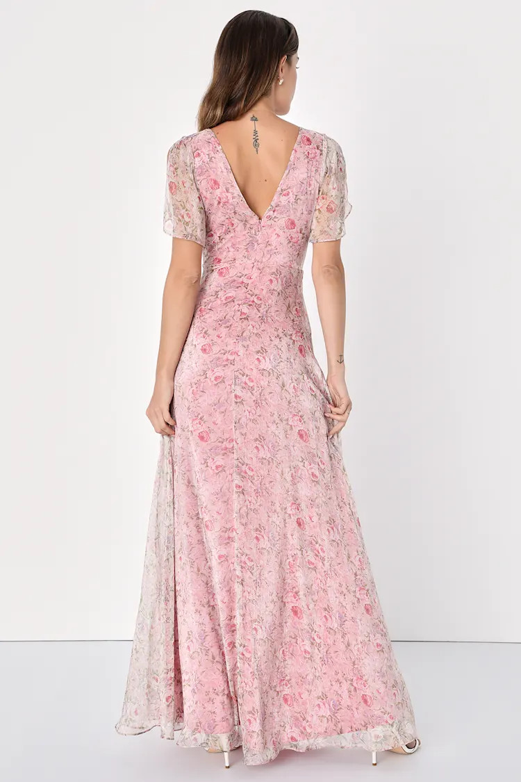 Dreamiest Desires Pink Floral Flutter Sleeve Maxi Dress | Lulus