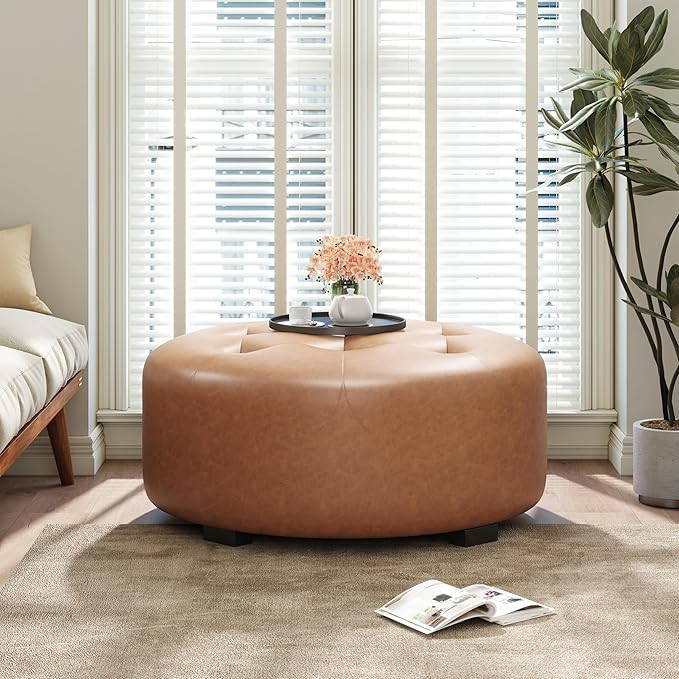 Merax Upholstered Button Tufted Round PU Ottoman, Modern Sofa Foot Rest Faux Leather Extra Seat, ... | Amazon (US)