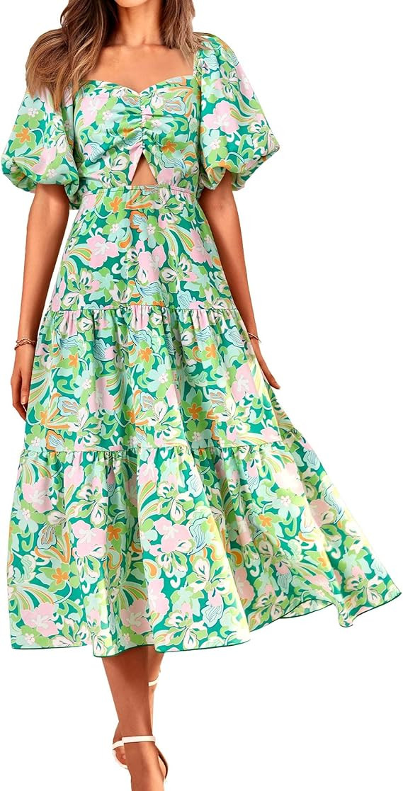 BTFBM Women Summer Dresses 2025 Casual Flowy Beach Square Neck Puff Short Sleeve Smocked Back Boh... | Amazon (US)