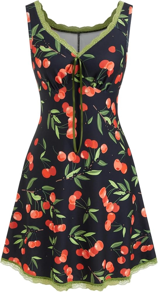 CIDER Women's Floral Mini Dress Fruit Sleeveless V Neck Lace Trim Sun Dress A Line Cute Summer Dr... | Amazon (US)