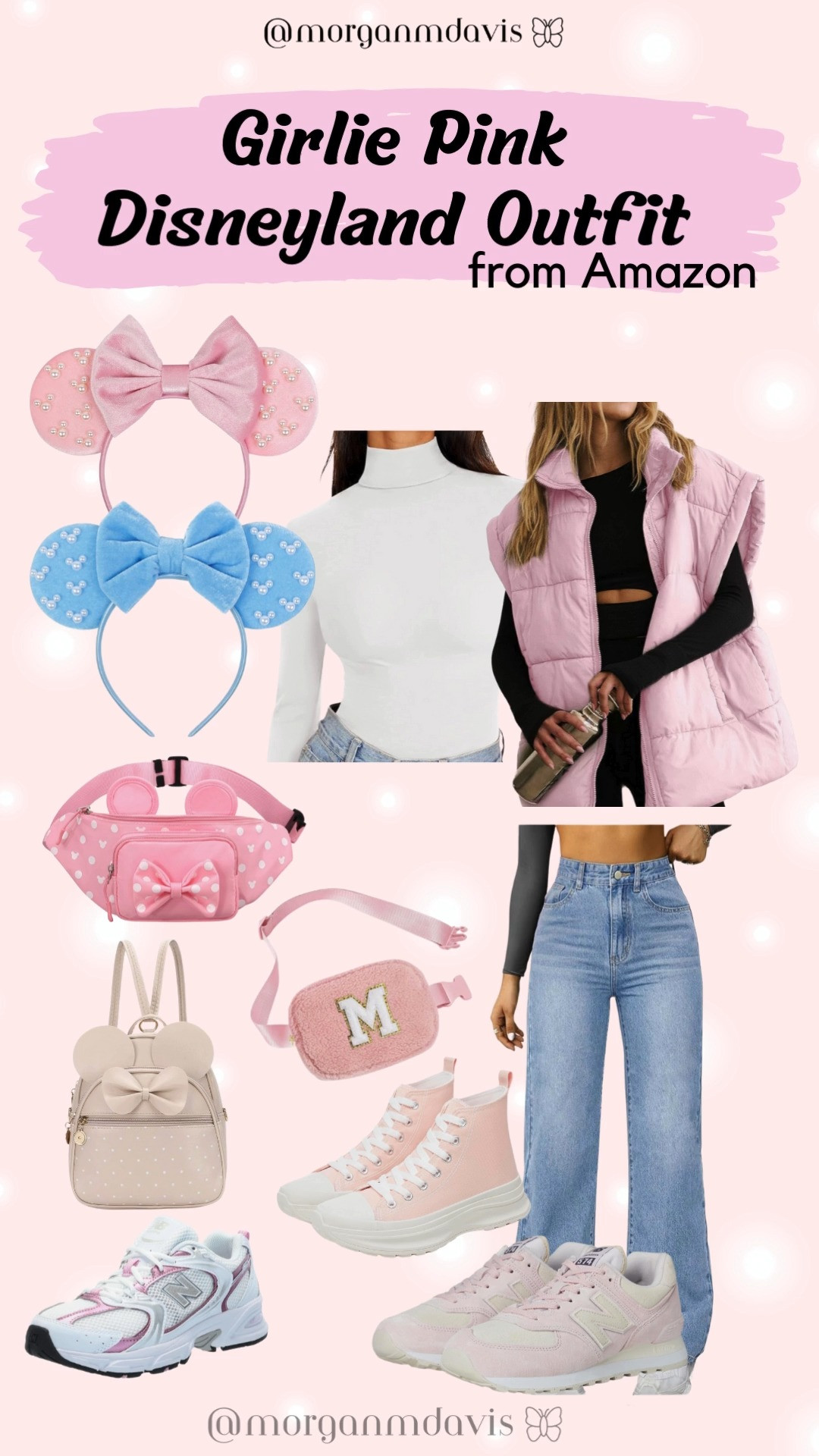 Girlie spring fall transitional Disneyland Disney world outfit from amazon! Minnie ears // puffer vest // pink tennis shoes // fanny pack  

 