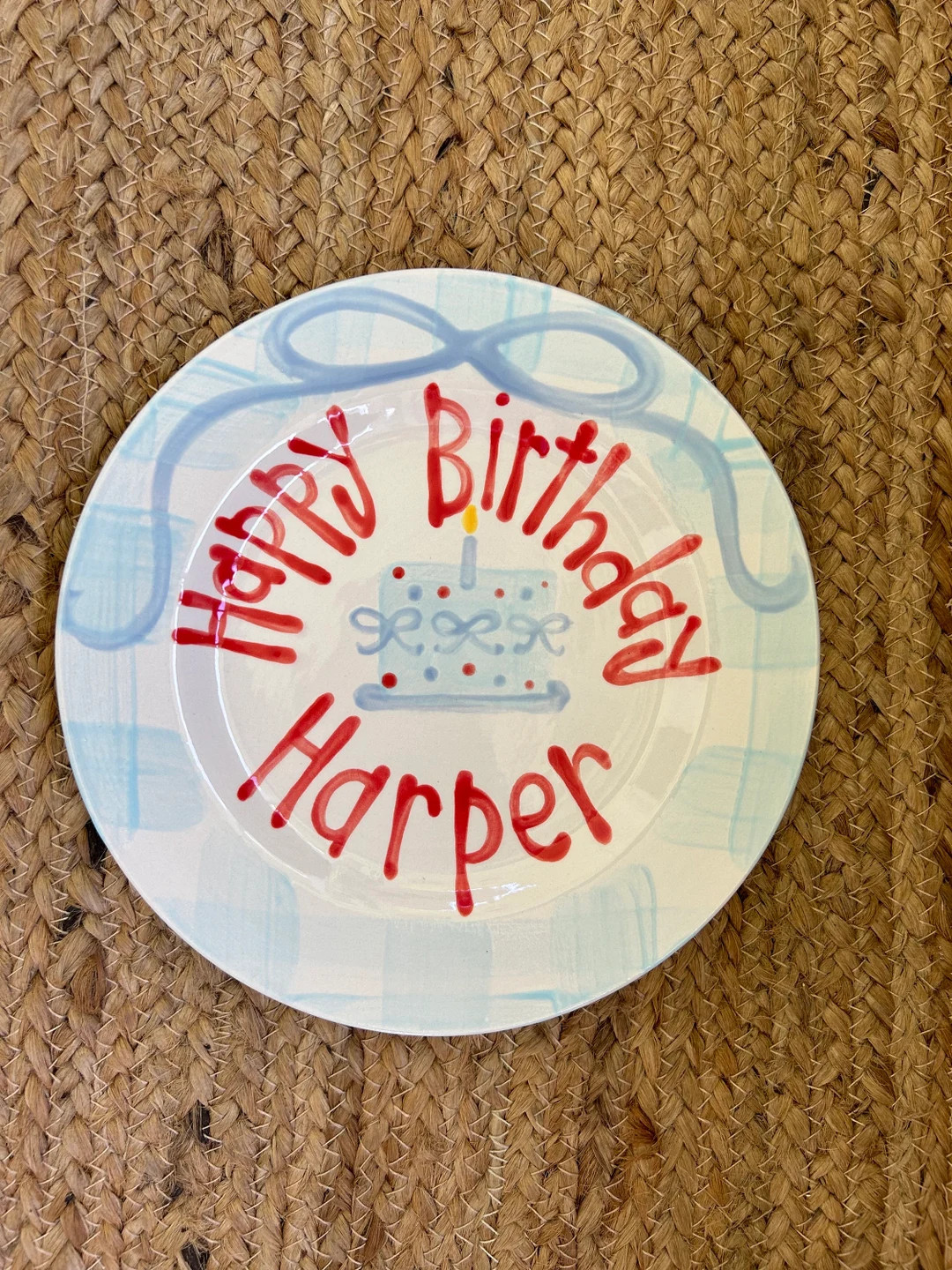 Personalized Hand-painted Birthday Plate, Blue Gingham Red White Blue Bows - Etsy | Etsy (US)