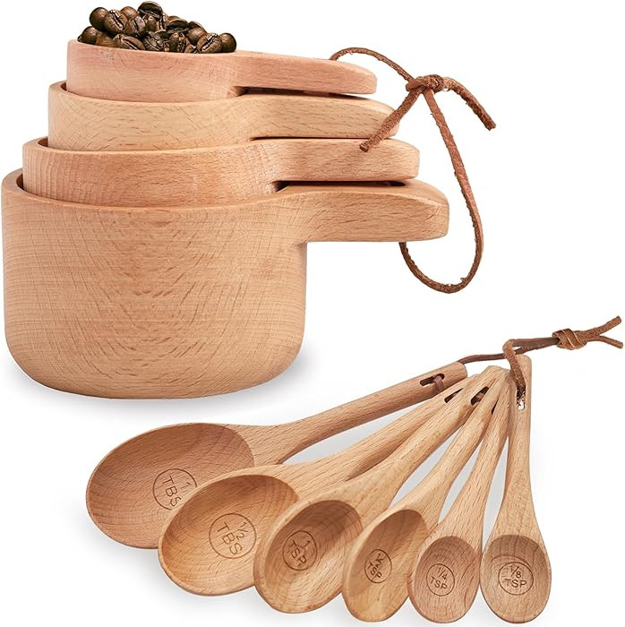 10 Piece Measuring Cups and Measuring Spoons Set, Handcrafted Wood Measuring Cups with Tablespoon... | Amazon (US)