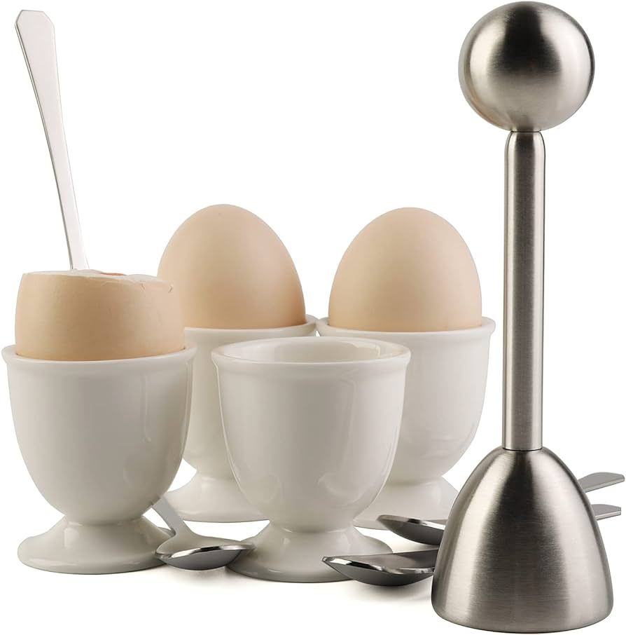 Egg Cracker Topper Set for Soft Hard Boiled Eggs Shell Removal Includes 1 Egg Cutter 4 Ceramic Eg... | Amazon (US)